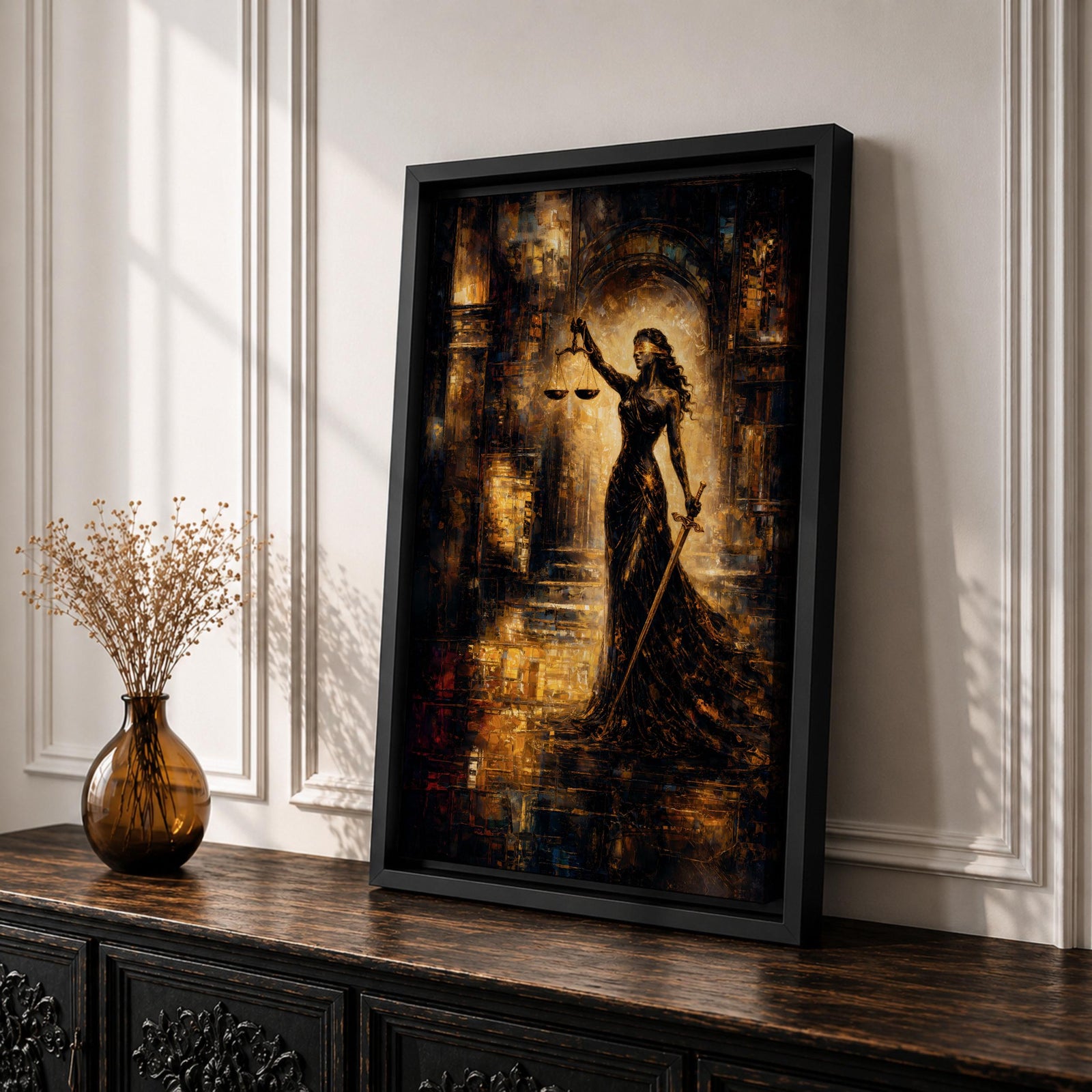 A striking abstract depiction of Lady Justice standing tall with a blindfold, holding balanced scales in one hand and a sword in the other, rendered in textured brushstrokes with warm golden and dark tones, emphasizing her symbolic role as the goddess of justice in a dramatic architectural setting.