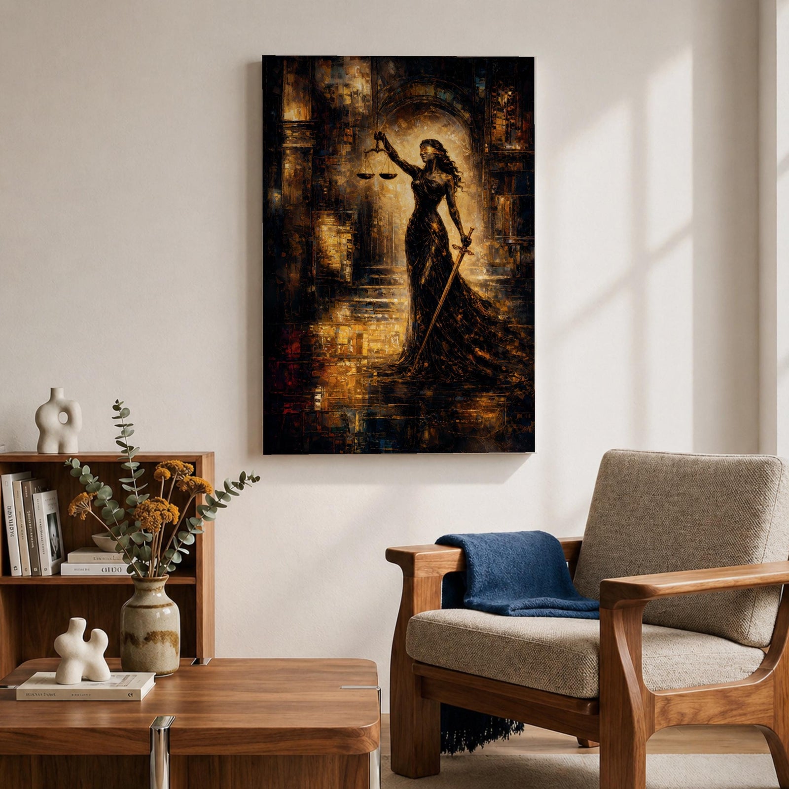 A striking abstract depiction of Lady Justice standing tall with a blindfold, holding balanced scales in one hand and a sword in the other, rendered in textured brushstrokes with warm golden and dark tones, emphasizing her symbolic role as the goddess of justice in a dramatic architectural setting.