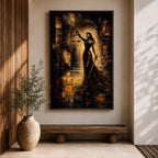 A striking abstract depiction of Lady Justice standing tall with a blindfold, holding balanced scales in one hand and a sword in the other, rendered in textured brushstrokes with warm golden and dark tones, emphasizing her symbolic role as the goddess of justice in a dramatic architectural setting.