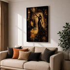 A striking abstract depiction of Lady Justice standing tall with a blindfold, holding balanced scales in one hand and a sword in the other, rendered in textured brushstrokes with warm golden and dark tones, emphasizing her symbolic role as the goddess of justice in a dramatic architectural setting.