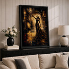 A striking abstract depiction of Lady Justice standing tall with a blindfold, holding balanced scales in one hand and a sword in the other, rendered in textured brushstrokes with warm golden and dark tones, emphasizing her symbolic role as the goddess of justice in a dramatic architectural setting.