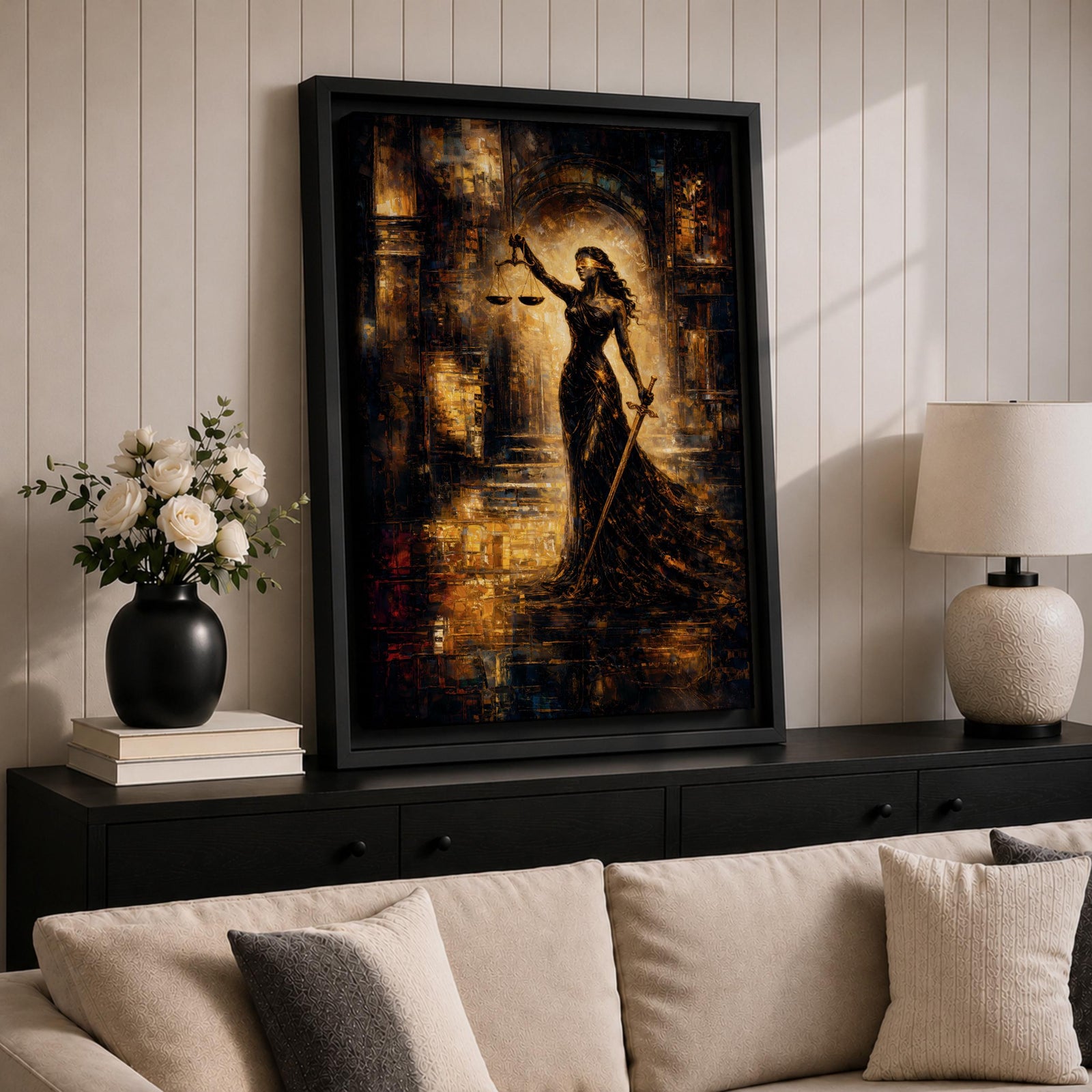 A striking abstract depiction of Lady Justice standing tall with a blindfold, holding balanced scales in one hand and a sword in the other, rendered in textured brushstrokes with warm golden and dark tones, emphasizing her symbolic role as the goddess of justice in a dramatic architectural setting.