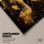 A striking abstract depiction of Lady Justice standing tall with a blindfold, holding balanced scales in one hand and a sword in the other, rendered in textured brushstrokes with warm golden and dark tones, emphasizing her symbolic role as the goddess of justice in a dramatic architectural setting.