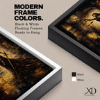 A striking abstract depiction of Lady Justice standing tall with a blindfold, holding balanced scales in one hand and a sword in the other, rendered in textured brushstrokes with warm golden and dark tones, emphasizing her symbolic role as the goddess of justice in a dramatic architectural setting.