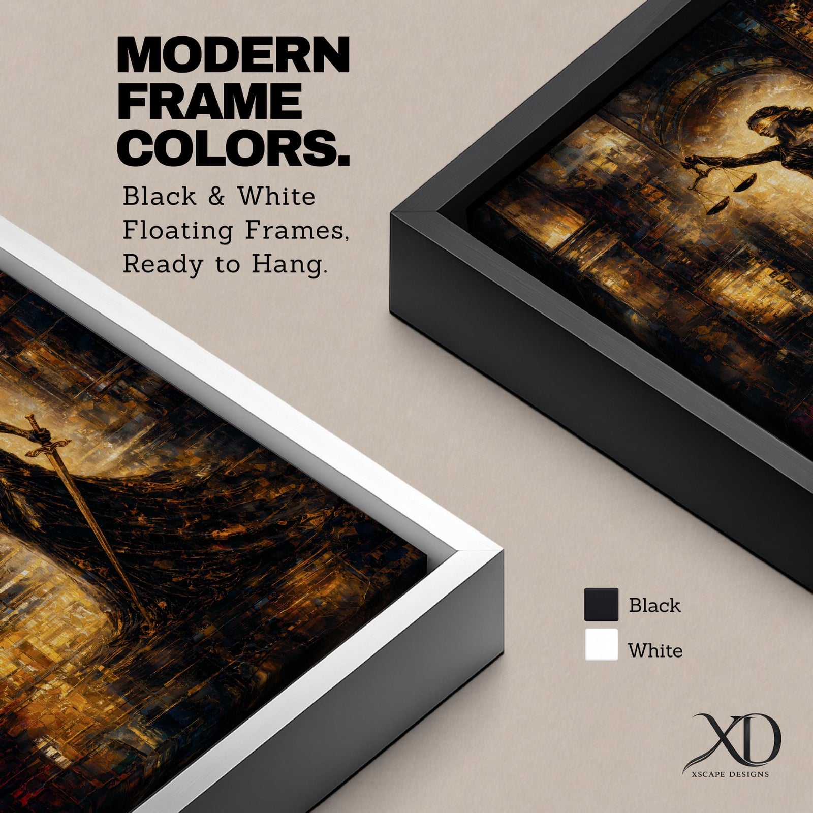 A striking abstract depiction of Lady Justice standing tall with a blindfold, holding balanced scales in one hand and a sword in the other, rendered in textured brushstrokes with warm golden and dark tones, emphasizing her symbolic role as the goddess of justice in a dramatic architectural setting.