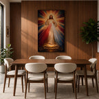 A radiant depiction of Divine Mercy of Jesus shows Jesus standing with one hand raised in blessing and the other pointing to his heart, from which red and pale rays emanate. The figure is surrounded by vibrant rays of light, rendered in a classical religious art style on canvas.