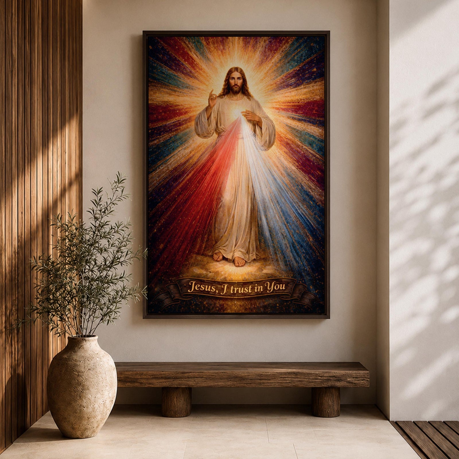 A radiant depiction of Divine Mercy of Jesus shows Jesus standing with one hand raised in blessing and the other pointing to his heart, from which red and pale rays emanate. The figure is surrounded by vibrant rays of light, rendered in a classical religious art style on canvas.