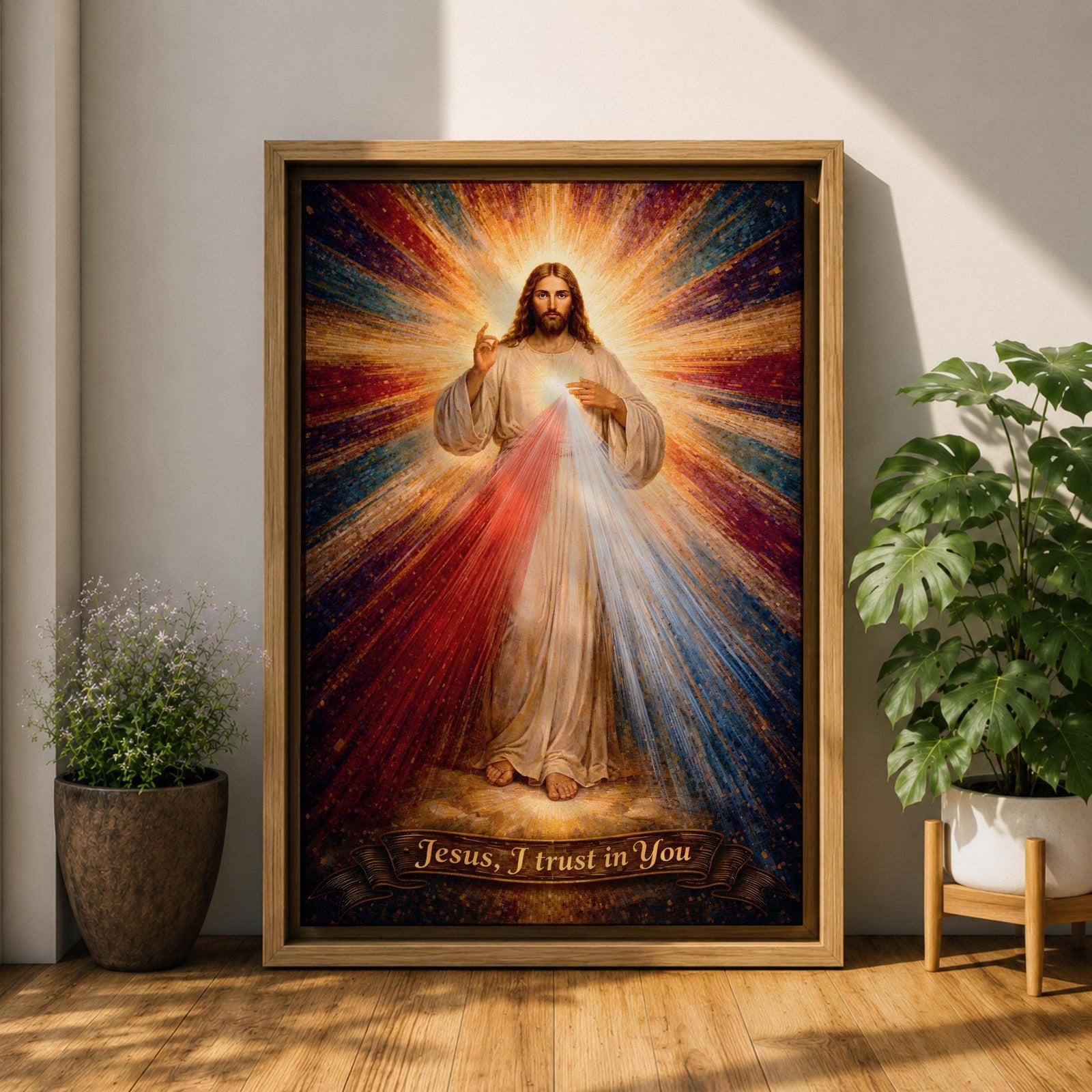 A radiant depiction of Divine Mercy of Jesus shows Jesus standing with one hand raised in blessing and the other pointing to his heart, from which red and pale rays emanate. The figure is surrounded by vibrant rays of light, rendered in a classical religious art style on canvas.