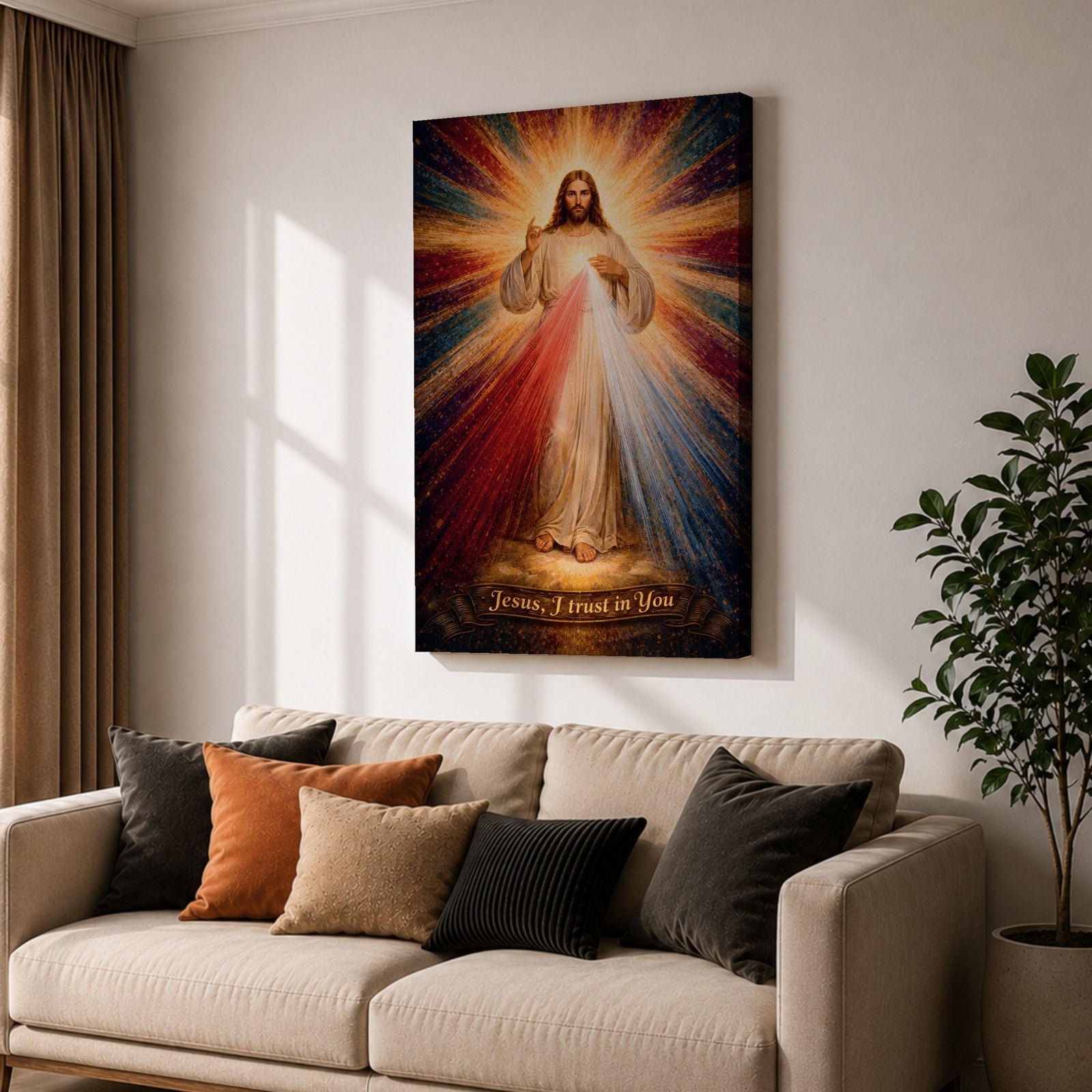 A radiant depiction of Divine Mercy of Jesus shows Jesus standing with one hand raised in blessing and the other pointing to his heart, from which red and pale rays emanate. The figure is surrounded by vibrant rays of light, rendered in a classical religious art style on canvas.
