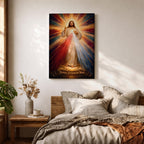 A radiant depiction of Divine Mercy of Jesus shows Jesus standing with one hand raised in blessing and the other pointing to his heart, from which red and pale rays emanate. The figure is surrounded by vibrant rays of light, rendered in a classical religious art style on canvas.