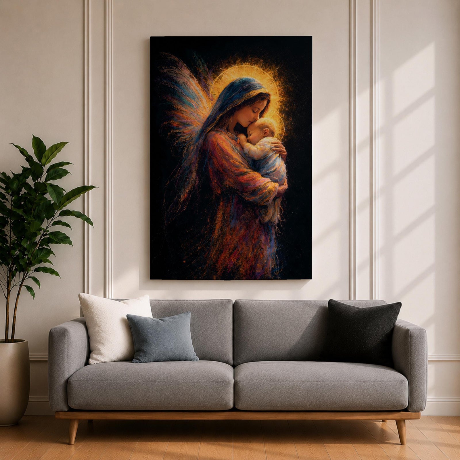 A tender depiction of the Virgin Mary gently cradling baby Jesus, both figures illuminated by soft golden halos against a dark background, with flowing painterly textures in rich warm tones and subtle wing-like forms behind Mary, emphasizing intimacy, protection, and sacred maternal connection in a glowing composition.