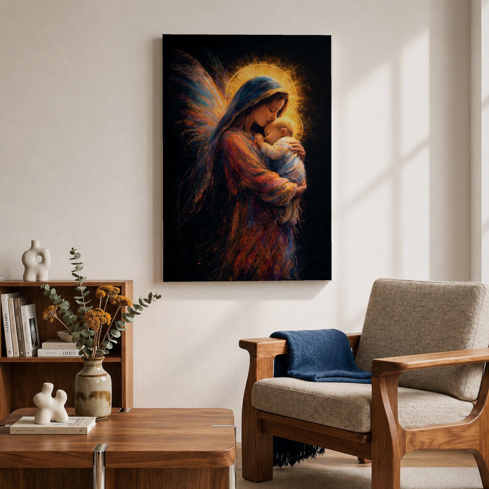 A tender depiction of the Virgin Mary gently cradling baby Jesus, both figures illuminated by soft golden halos against a dark background, with flowing painterly textures in rich warm tones and subtle wing-like forms behind Mary, emphasizing intimacy, protection, and sacred maternal connection in a glowing composition.