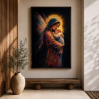 A tender depiction of the Virgin Mary gently cradling baby Jesus, both figures illuminated by soft golden halos against a dark background, with flowing painterly textures in rich warm tones and subtle wing-like forms behind Mary, emphasizing intimacy, protection, and sacred maternal connection in a glowing composition.