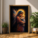 A tender depiction of the Virgin Mary gently cradling baby Jesus, both figures illuminated by soft golden halos against a dark background, with flowing painterly textures in rich warm tones and subtle wing-like forms behind Mary, emphasizing intimacy, protection, and sacred maternal connection in a glowing composition.