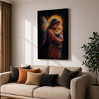 A tender depiction of the Virgin Mary gently cradling baby Jesus, both figures illuminated by soft golden halos against a dark background, with flowing painterly textures in rich warm tones and subtle wing-like forms behind Mary, emphasizing intimacy, protection, and sacred maternal connection in a glowing composition.
