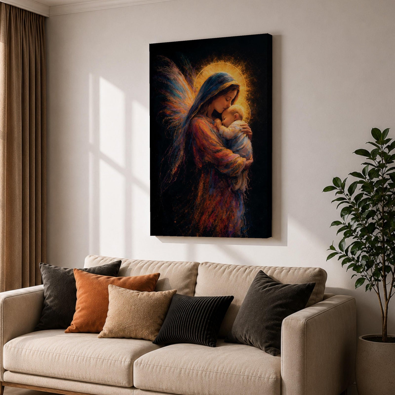 A tender depiction of the Virgin Mary gently cradling baby Jesus, both figures illuminated by soft golden halos against a dark background, with flowing painterly textures in rich warm tones and subtle wing-like forms behind Mary, emphasizing intimacy, protection, and sacred maternal connection in a glowing composition.
