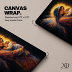 A tender depiction of the Virgin Mary gently cradling baby Jesus, both figures illuminated by soft golden halos against a dark background, with flowing painterly textures in rich warm tones and subtle wing-like forms behind Mary, emphasizing intimacy, protection, and sacred maternal connection in a glowing composition.