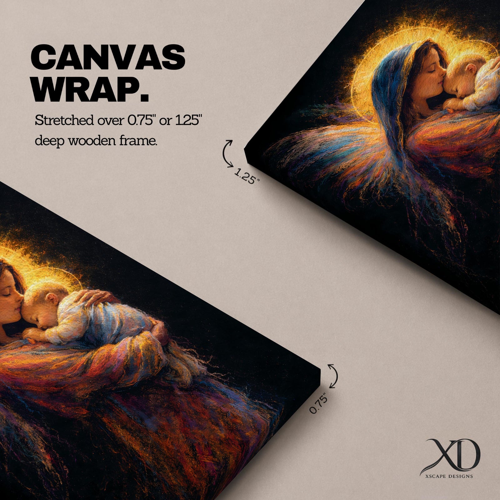 A tender depiction of the Virgin Mary gently cradling baby Jesus, both figures illuminated by soft golden halos against a dark background, with flowing painterly textures in rich warm tones and subtle wing-like forms behind Mary, emphasizing intimacy, protection, and sacred maternal connection in a glowing composition.