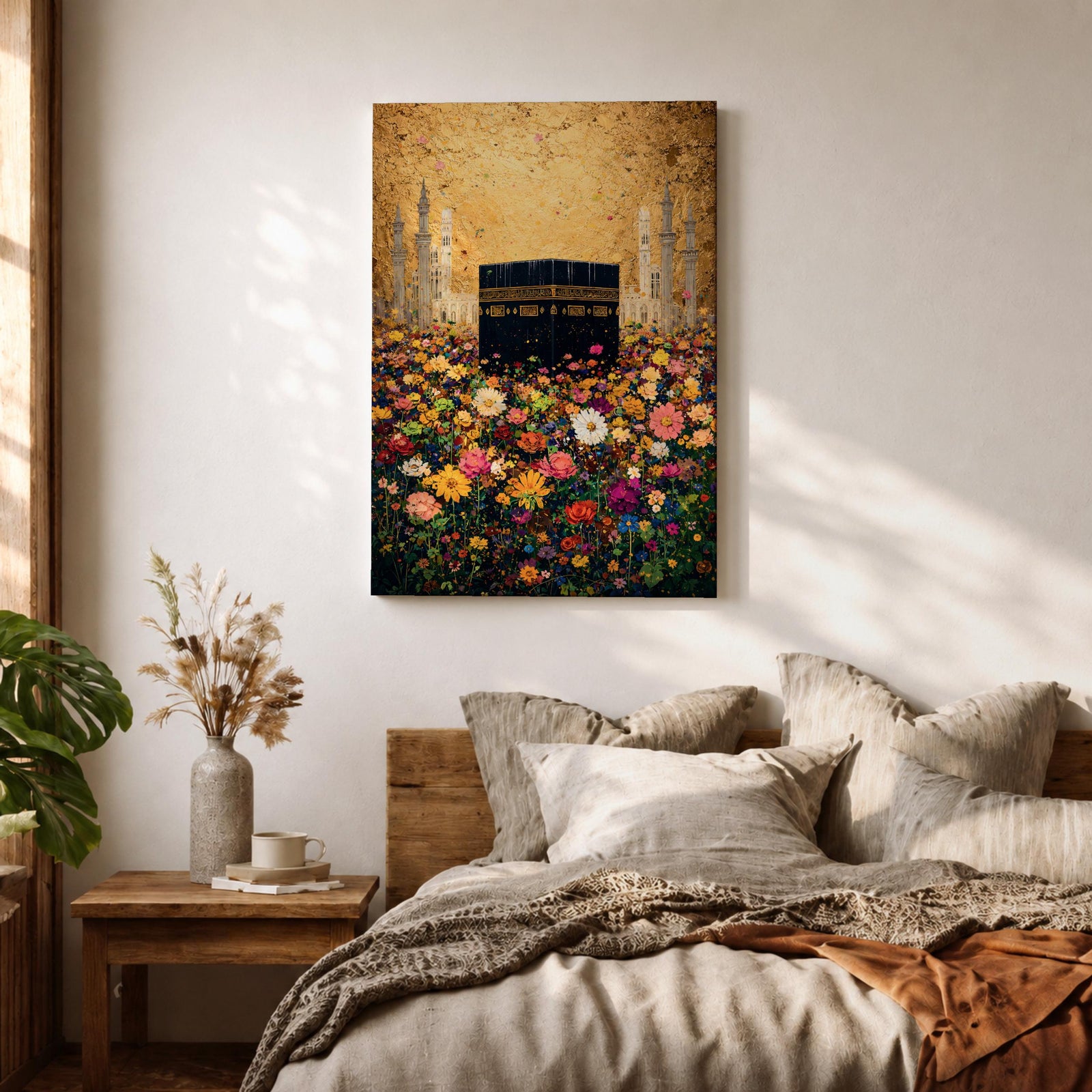 The Kaaba stands at the center of a vibrant field of multicolored flowers, surrounded by softly rendered mosque minarets in the background, set beneath a radiant golden sky with textured brushwork that blends architectural form with blooming botanical elements in a richly layered and luminous composition.