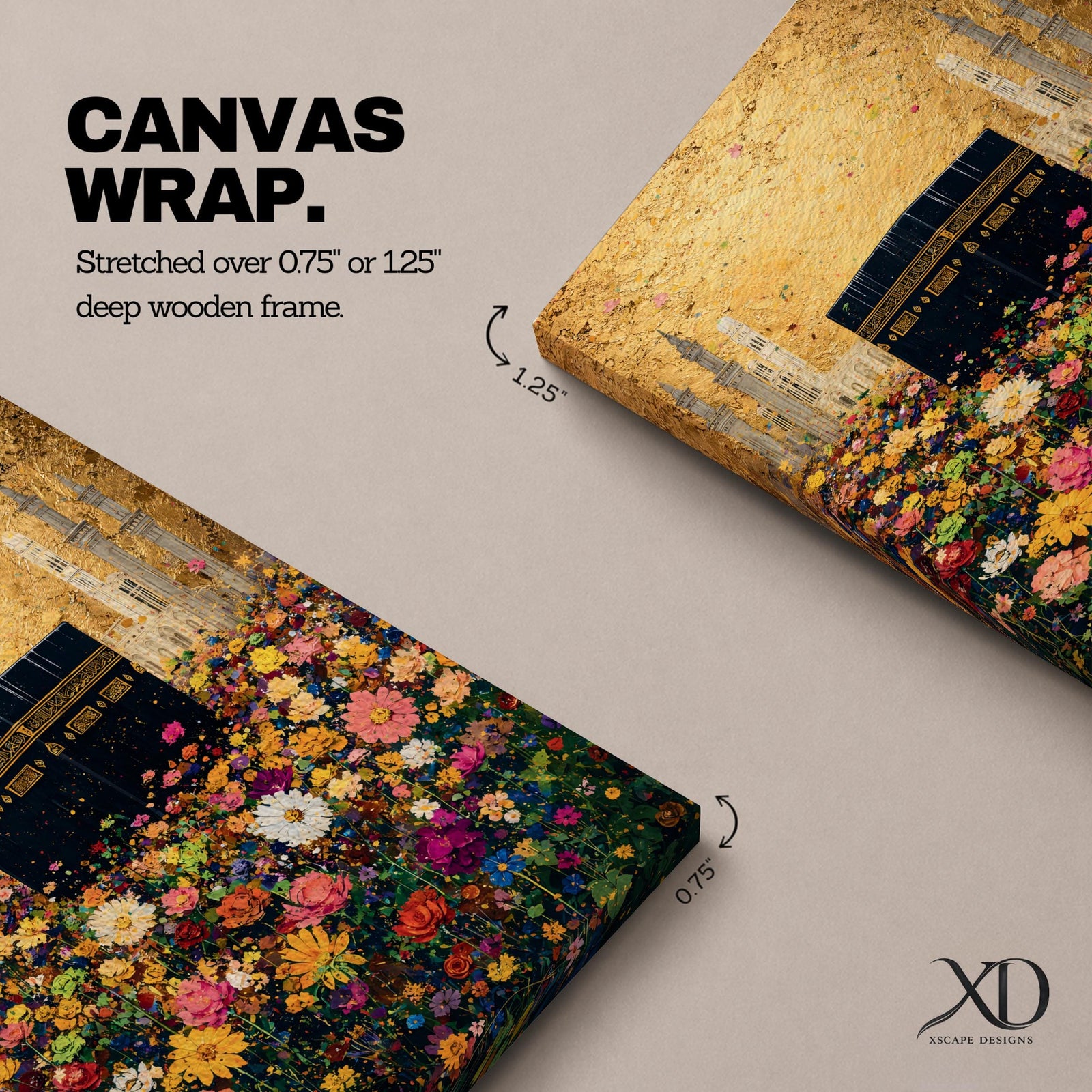 The Kaaba stands at the center of a vibrant field of multicolored flowers, surrounded by softly rendered mosque minarets in the background, set beneath a radiant golden sky with textured brushwork that blends architectural form with blooming botanical elements in a richly layered and luminous composition.