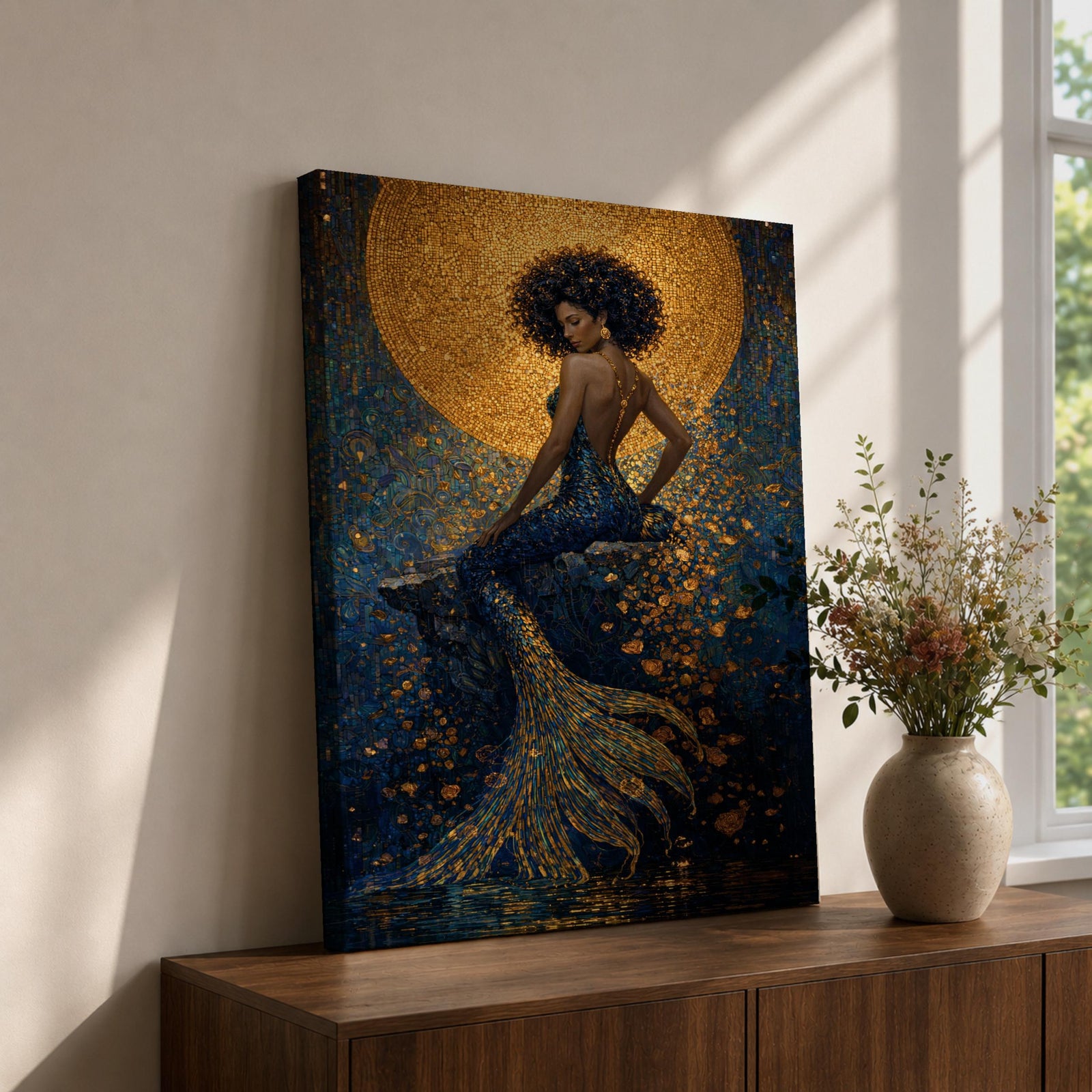 A striking fantasy painting of a Black mermaid seated gracefully with her back turned, her voluminous afro illuminated by a glowing golden moon behind her, while her long textured tail flows downward in shimmering gold and deep blue tones, surrounded by abstract ocean textures that create a rich and luminous underwater composition.