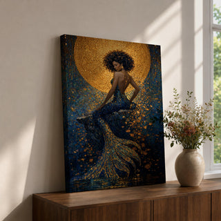 A striking fantasy painting of a Black mermaid seated gracefully with her back turned, her voluminous afro illuminated by a glowing golden moon behind her, while her long textured tail flows downward in shimmering gold and deep blue tones, surrounded by abstract ocean textures that create a rich and luminous underwater composition.
