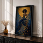 A striking fantasy painting of a Black mermaid seated gracefully with her back turned, her voluminous afro illuminated by a glowing golden moon behind her, while her long textured tail flows downward in shimmering gold and deep blue tones, surrounded by abstract ocean textures that create a rich and luminous underwater composition.