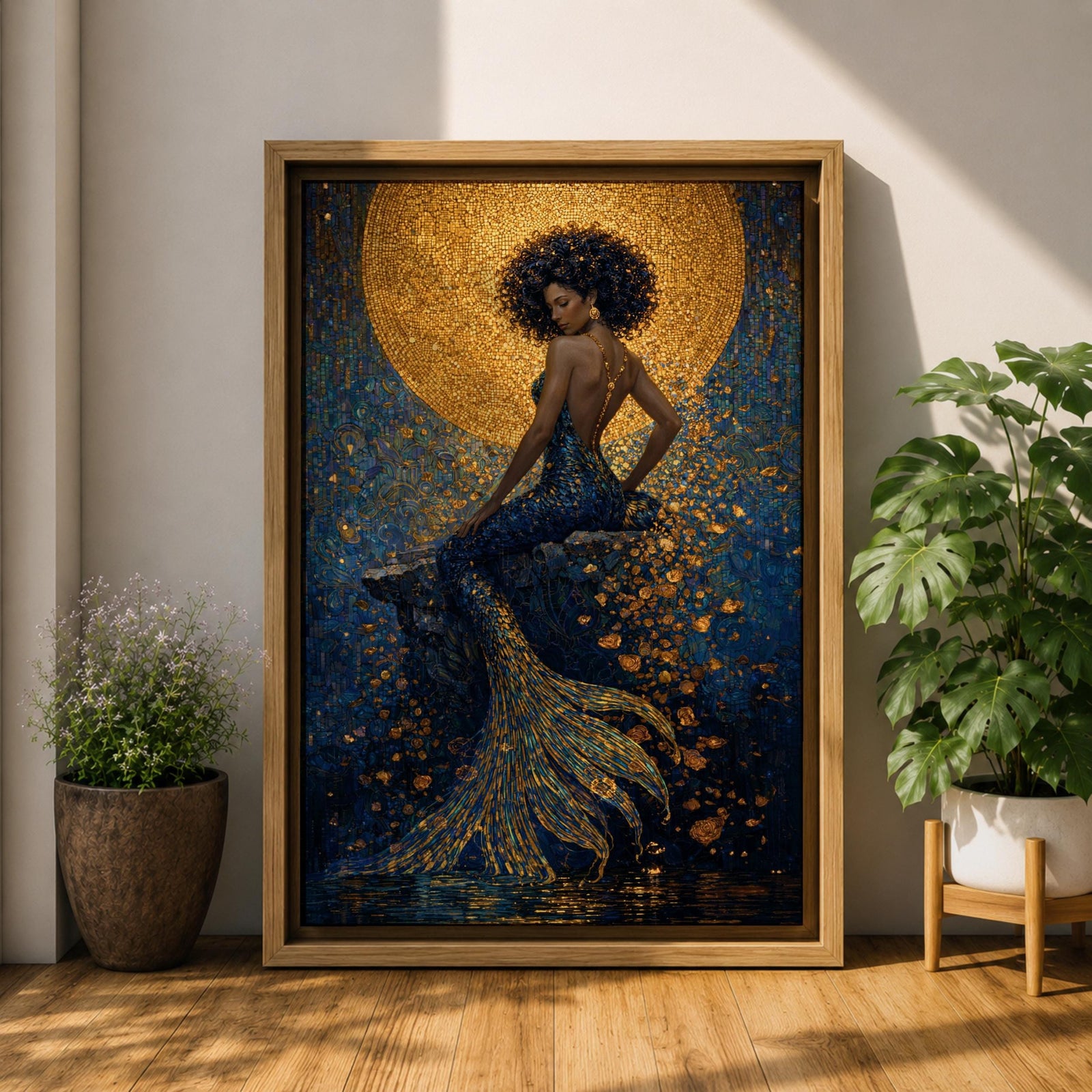 A striking fantasy painting of a Black mermaid seated gracefully with her back turned, her voluminous afro illuminated by a glowing golden moon behind her, while her long textured tail flows downward in shimmering gold and deep blue tones, surrounded by abstract ocean textures that create a rich and luminous underwater composition.