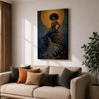 A striking fantasy painting of a Black mermaid seated gracefully with her back turned, her voluminous afro illuminated by a glowing golden moon behind her, while her long textured tail flows downward in shimmering gold and deep blue tones, surrounded by abstract ocean textures that create a rich and luminous underwater composition.