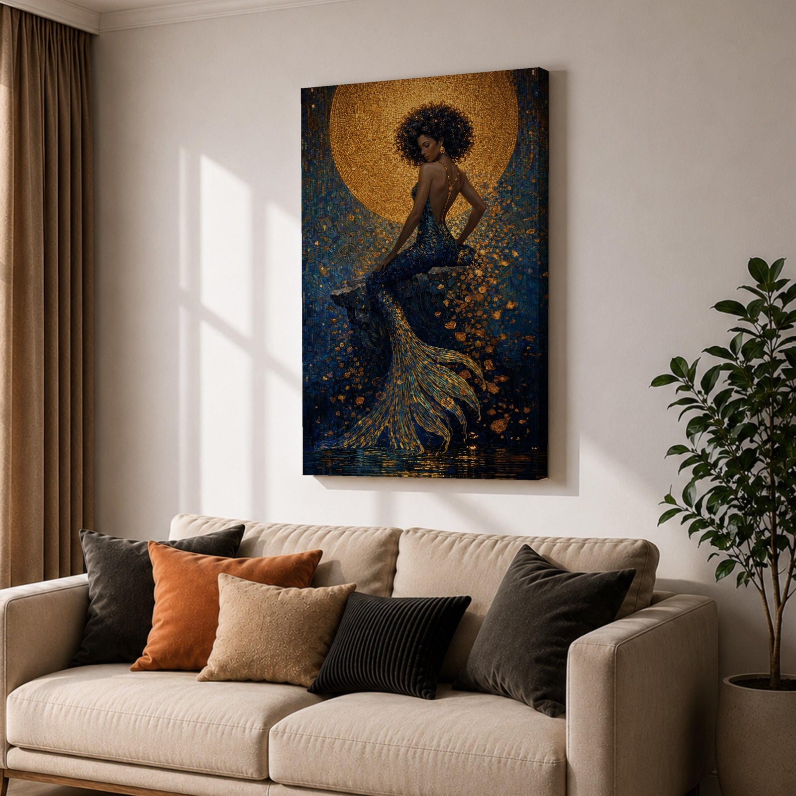 A striking fantasy painting of a Black mermaid seated gracefully with her back turned, her voluminous afro illuminated by a glowing golden moon behind her, while her long textured tail flows downward in shimmering gold and deep blue tones, surrounded by abstract ocean textures that create a rich and luminous underwater composition.