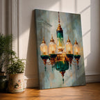 A detailed painting of a vintage chandelier featuring a central green glass lantern surrounded by five smaller glass lanterns with golden accents, rendered in a realistic Moroccan style with soft brush strokes and a muted background emphasizing the antique lighting fixture.