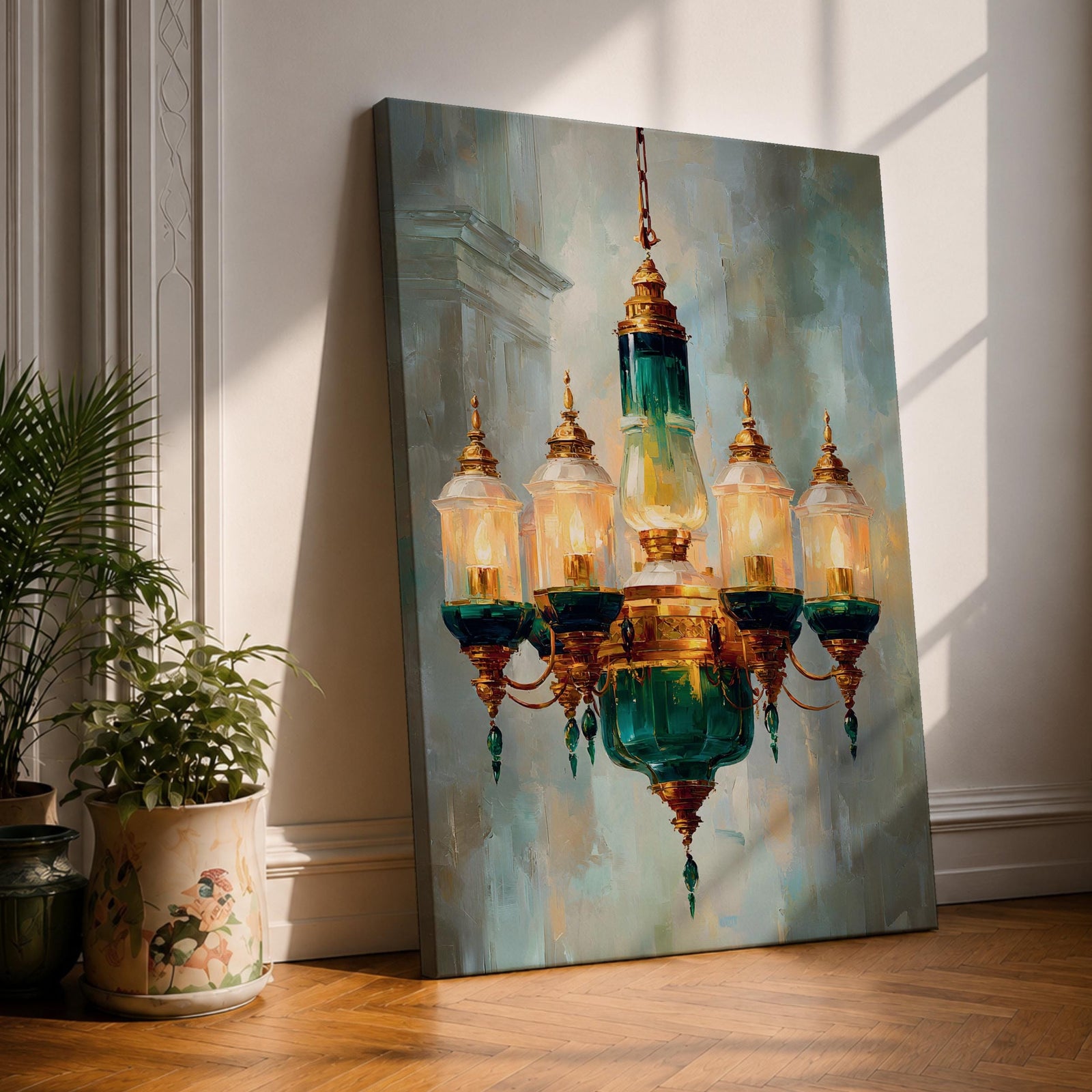A detailed painting of a vintage chandelier featuring a central green glass lantern surrounded by five smaller glass lanterns with golden accents, rendered in a realistic Moroccan style with soft brush strokes and a muted background emphasizing the antique lighting fixture.