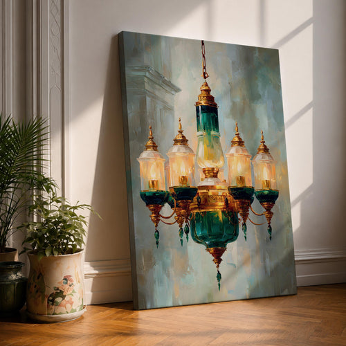 A detailed painting of a vintage chandelier featuring a central green glass lantern surrounded by five smaller glass lanterns with golden accents, rendered in a realistic Moroccan style with soft brush strokes and a muted background emphasizing the antique lighting fixture.
