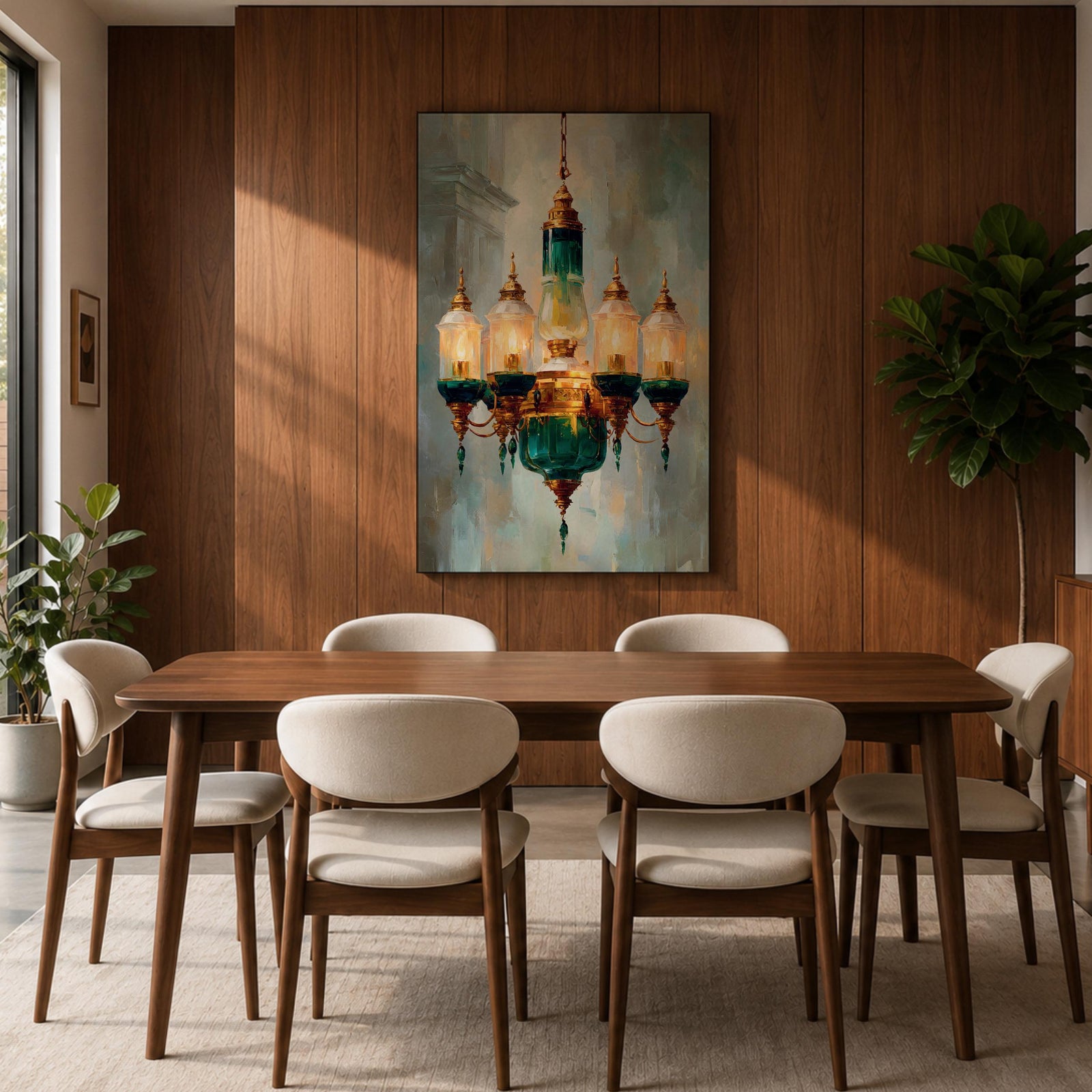 A detailed painting of a vintage chandelier featuring a central green glass lantern surrounded by five smaller glass lanterns with golden accents, rendered in a realistic Moroccan style with soft brush strokes and a muted background emphasizing the antique lighting fixture.