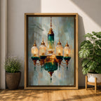 A detailed painting of a vintage chandelier featuring a central green glass lantern surrounded by five smaller glass lanterns with golden accents, rendered in a realistic Moroccan style with soft brush strokes and a muted background emphasizing the antique lighting fixture.