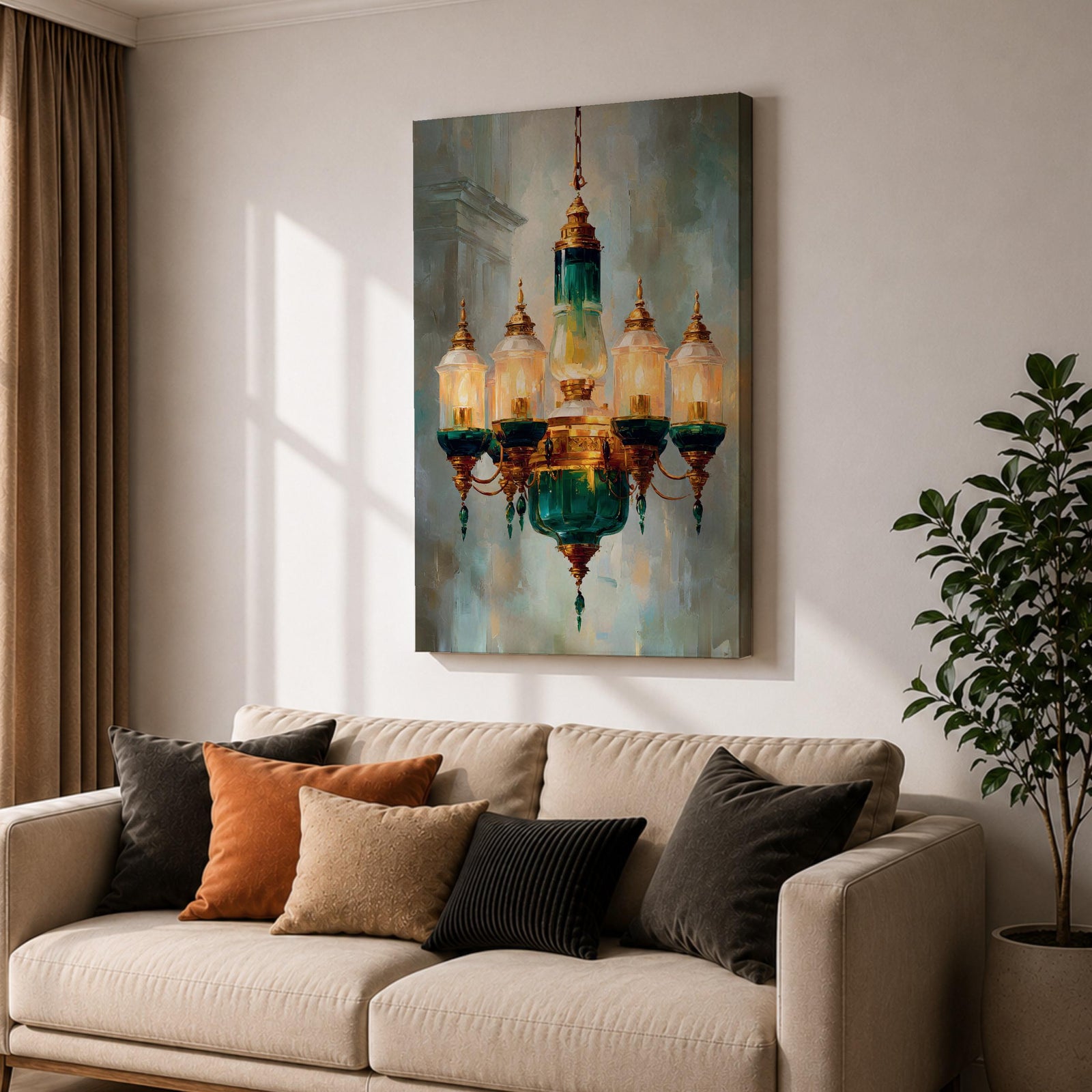 A detailed painting of a vintage chandelier featuring a central green glass lantern surrounded by five smaller glass lanterns with golden accents, rendered in a realistic Moroccan style with soft brush strokes and a muted background emphasizing the antique lighting fixture.