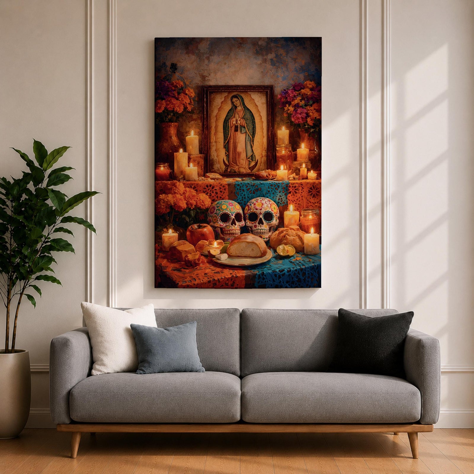 A framed canvas wall art depicting Our Lady of Guadalupe with a traditional Mexican altar featuring candles, flowers, decorated sugar skulls, bread, and fruit, rendered in a detailed, realistic style emphasizing cultural and religious symbolism.