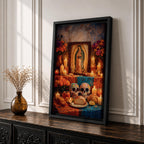 A framed canvas wall art depicting Our Lady of Guadalupe with a traditional Mexican altar featuring candles, flowers, decorated sugar skulls, bread, and fruit, rendered in a detailed, realistic style emphasizing cultural and religious symbolism.