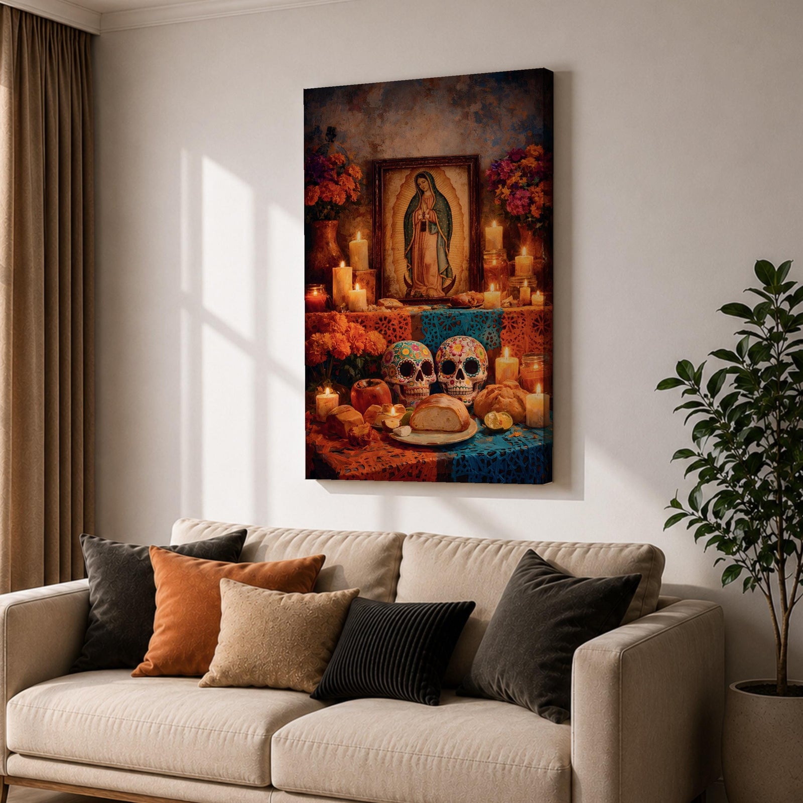 A framed canvas wall art depicting Our Lady of Guadalupe with a traditional Mexican altar featuring candles, flowers, decorated sugar skulls, bread, and fruit, rendered in a detailed, realistic style emphasizing cultural and religious symbolism.
