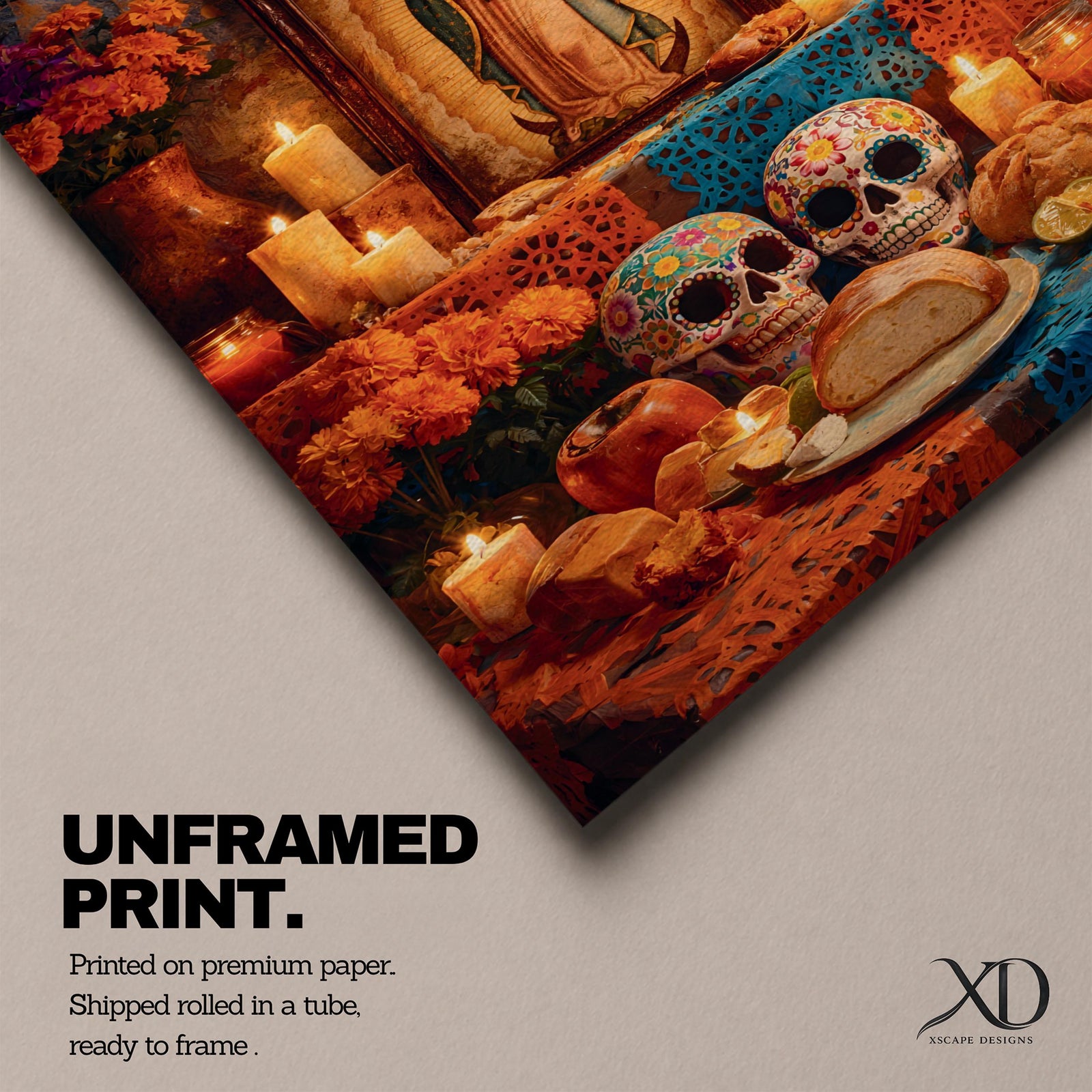 A framed canvas wall art depicting Our Lady of Guadalupe with a traditional Mexican altar featuring candles, flowers, decorated sugar skulls, bread, and fruit, rendered in a detailed, realistic style emphasizing cultural and religious symbolism.