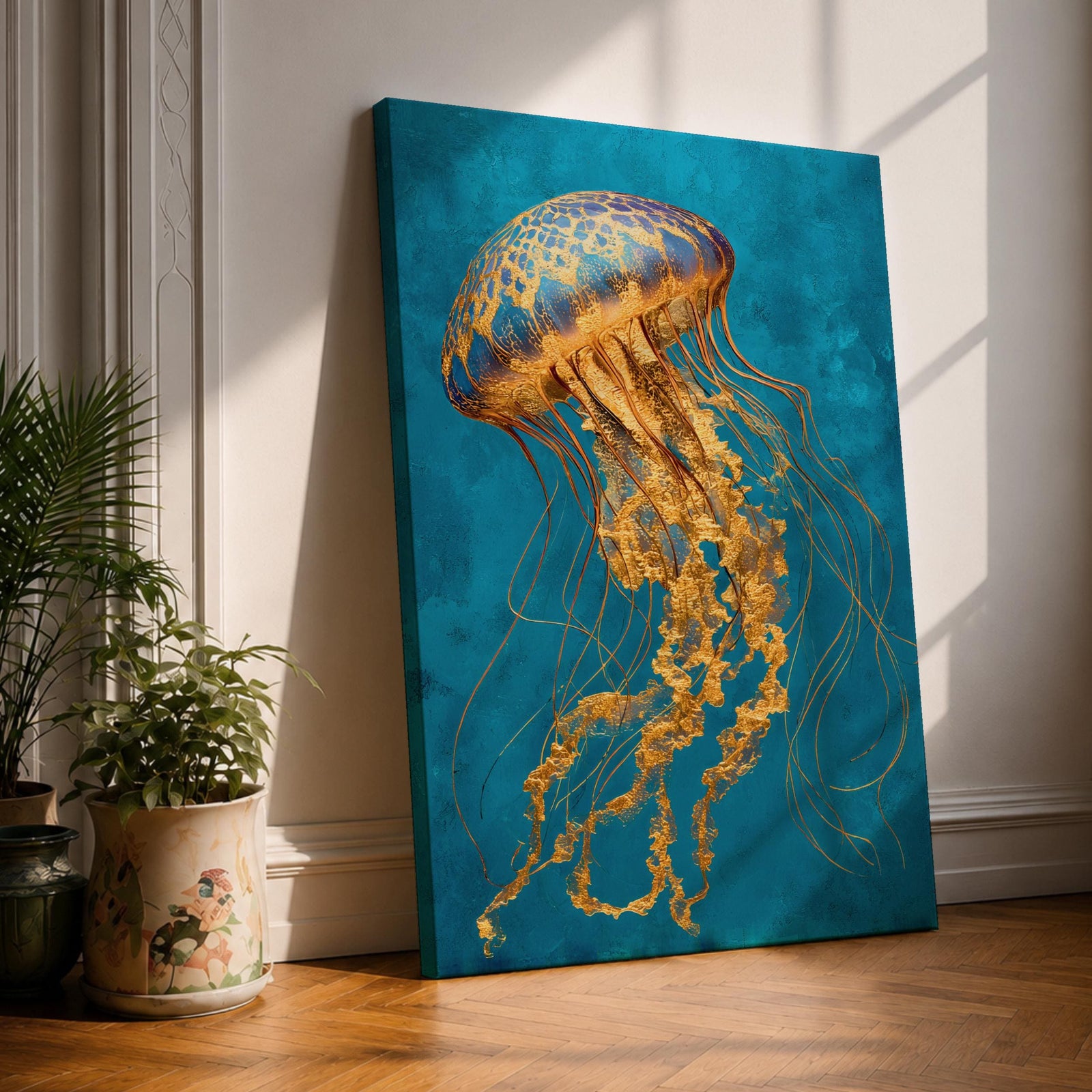 A detailed painting of a luminous jellyfish with a domed bell in deep blue and gold tones, its long flowing tendrils rendered in intricate golden textures that cascade downward in delicate strands, set against a rich teal ocean background that emphasizes graceful motion and a refined underwater marine composition.