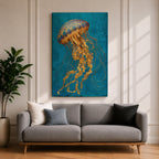 A detailed painting of a luminous jellyfish with a domed bell in deep blue and gold tones, its long flowing tendrils rendered in intricate golden textures that cascade downward in delicate strands, set against a rich teal ocean background that emphasizes graceful motion and a refined underwater marine composition.