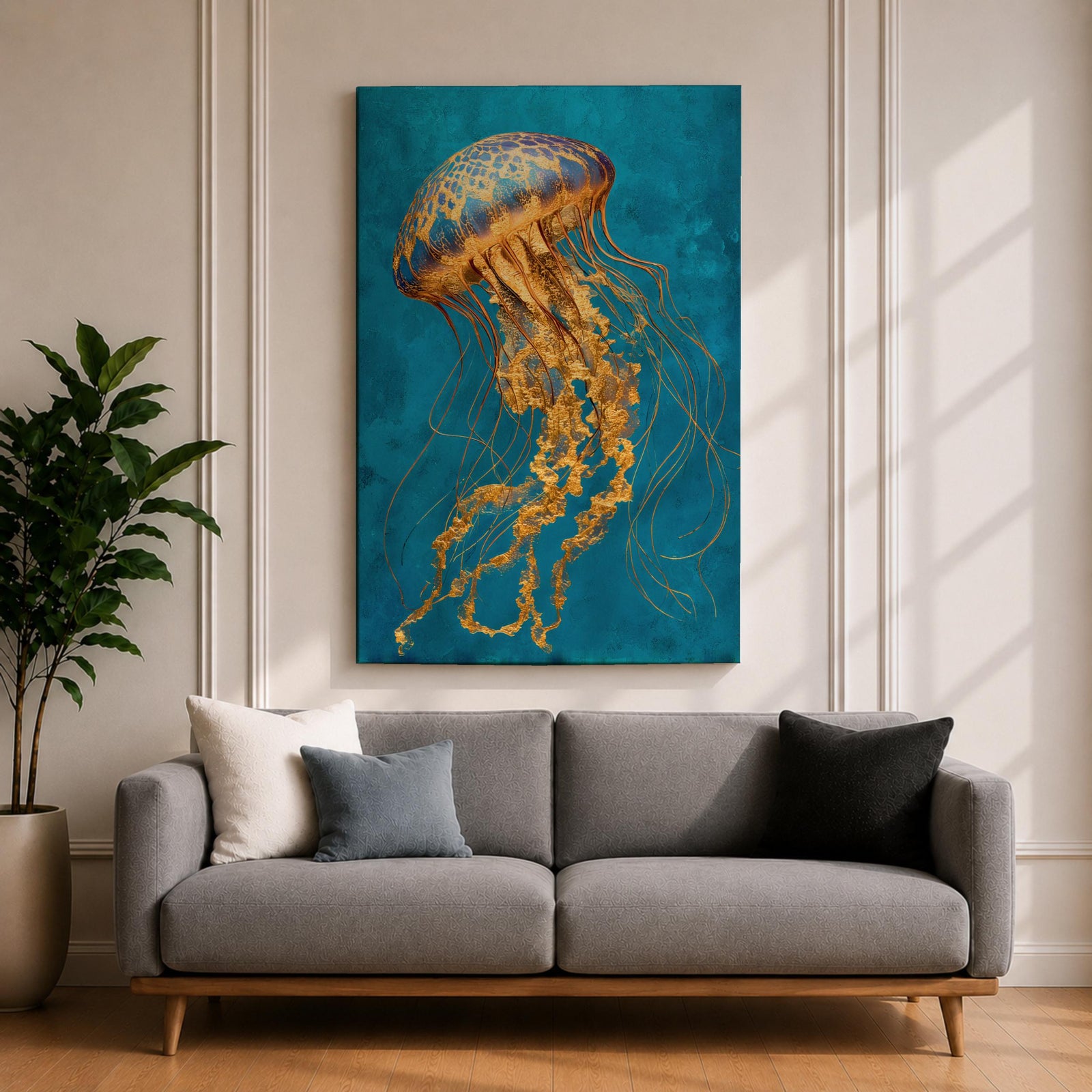 A detailed painting of a luminous jellyfish with a domed bell in deep blue and gold tones, its long flowing tendrils rendered in intricate golden textures that cascade downward in delicate strands, set against a rich teal ocean background that emphasizes graceful motion and a refined underwater marine composition.