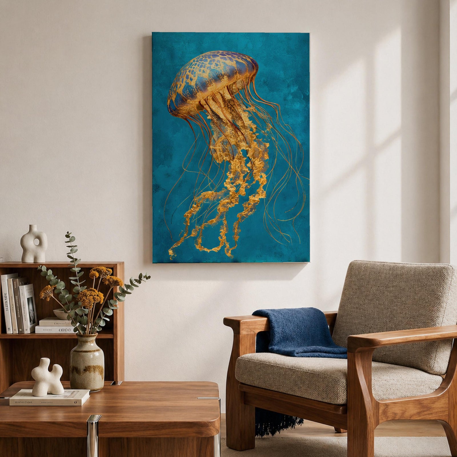 A detailed painting of a luminous jellyfish with a domed bell in deep blue and gold tones, its long flowing tendrils rendered in intricate golden textures that cascade downward in delicate strands, set against a rich teal ocean background that emphasizes graceful motion and a refined underwater marine composition.