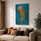 A detailed painting of a luminous jellyfish with a domed bell in deep blue and gold tones, its long flowing tendrils rendered in intricate golden textures that cascade downward in delicate strands, set against a rich teal ocean background that emphasizes graceful motion and a refined underwater marine composition.