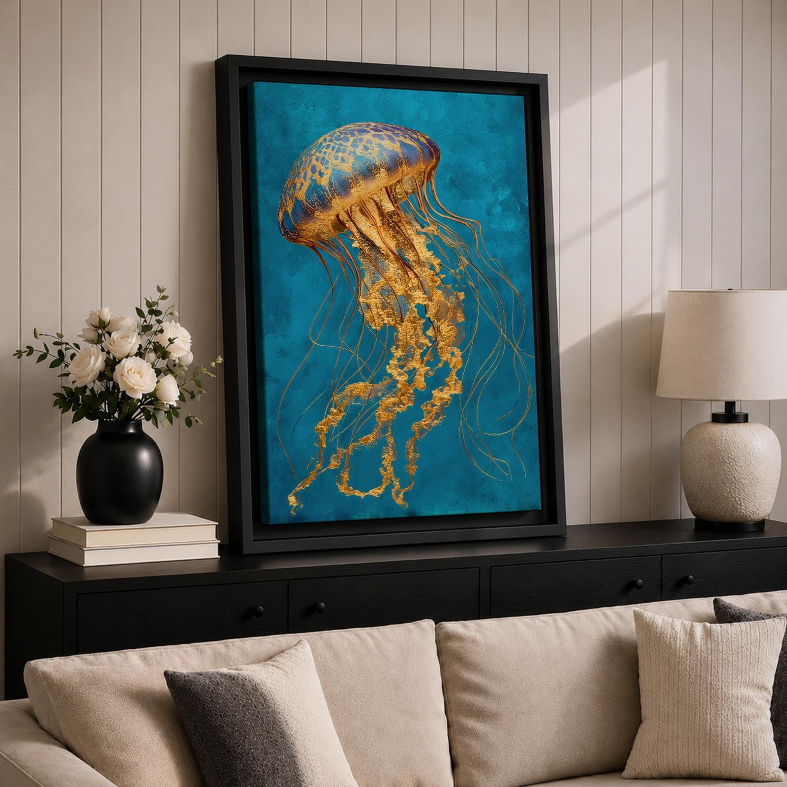 A detailed painting of a luminous jellyfish with a domed bell in deep blue and gold tones, its long flowing tendrils rendered in intricate golden textures that cascade downward in delicate strands, set against a rich teal ocean background that emphasizes graceful motion and a refined underwater marine composition.