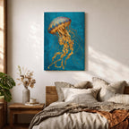 A detailed painting of a luminous jellyfish with a domed bell in deep blue and gold tones, its long flowing tendrils rendered in intricate golden textures that cascade downward in delicate strands, set against a rich teal ocean background that emphasizes graceful motion and a refined underwater marine composition.