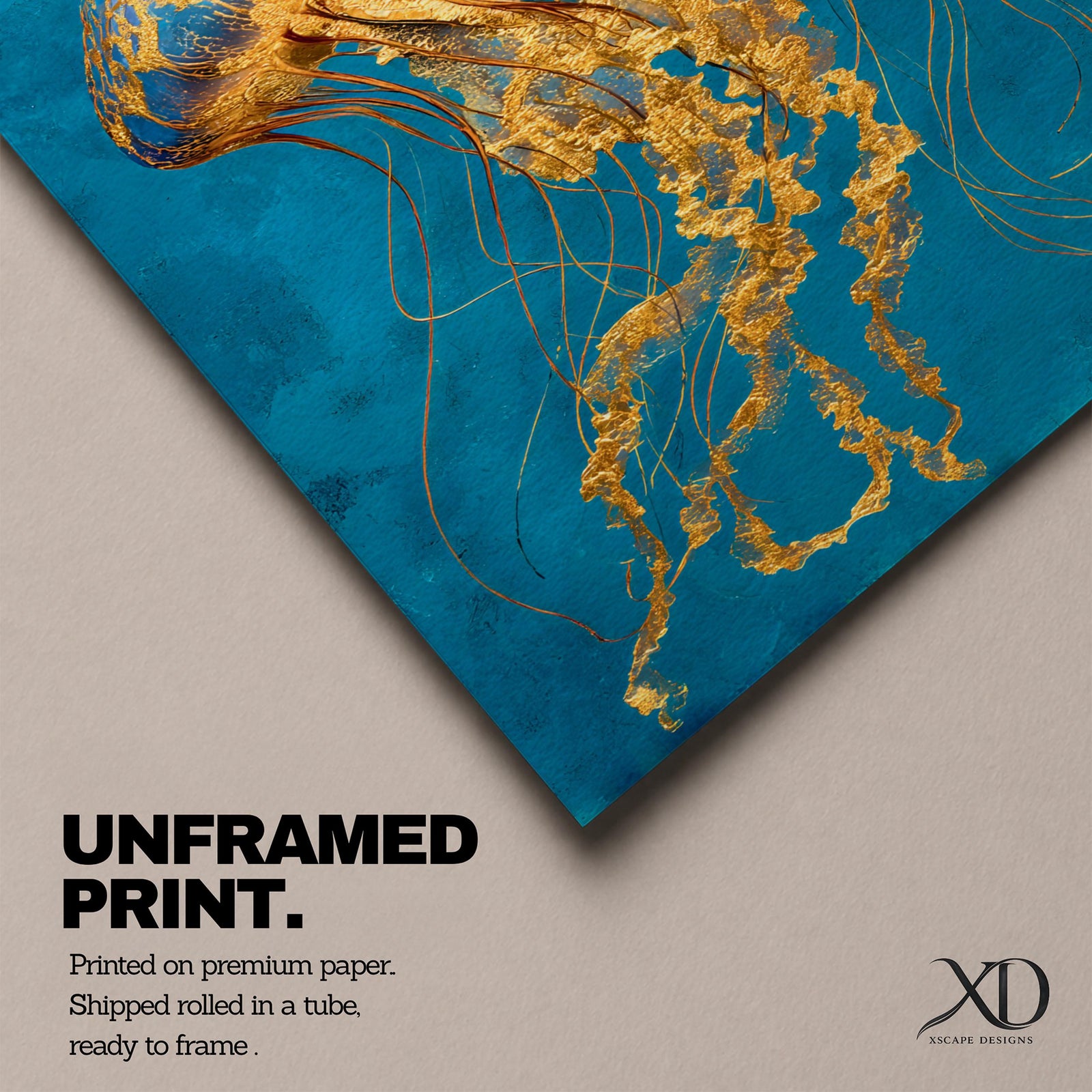 A detailed painting of a luminous jellyfish with a domed bell in deep blue and gold tones, its long flowing tendrils rendered in intricate golden textures that cascade downward in delicate strands, set against a rich teal ocean background that emphasizes graceful motion and a refined underwater marine composition.