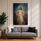 A luminous religious painting of Jesus Christ facing forward with a serene expression, holding a glowing Sacred Heart at the center of his chest, radiating light in all directions, with soft flowing robes and expressive brushstrokes blending warm and cool tones to create a powerful spiritual composition.