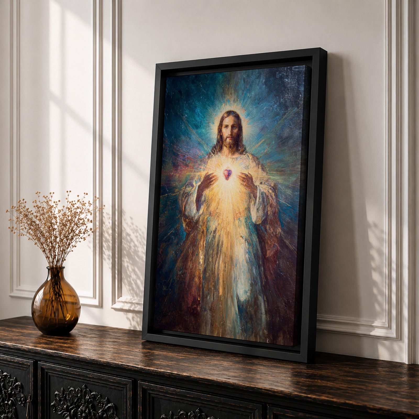 A luminous religious painting of Jesus Christ facing forward with a serene expression, holding a glowing Sacred Heart at the center of his chest, radiating light in all directions, with soft flowing robes and expressive brushstrokes blending warm and cool tones to create a powerful spiritual composition.